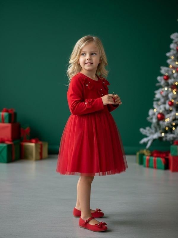 Kız Çocuk Pamuklu Taş  Detaylı Fiyonklu Tütülü Elbise