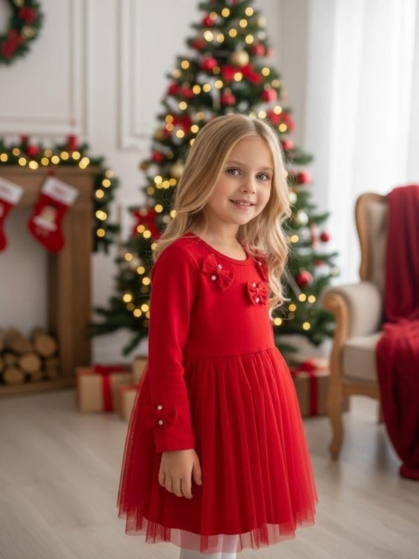 Kız Çocuk Pamuklu Taş  Detaylı Fiyonklu Tütülü Elbise