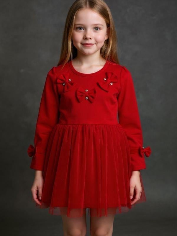 Kız Çocuk Pamuklu Taş  Detaylı Fiyonklu Tütülü Elbise