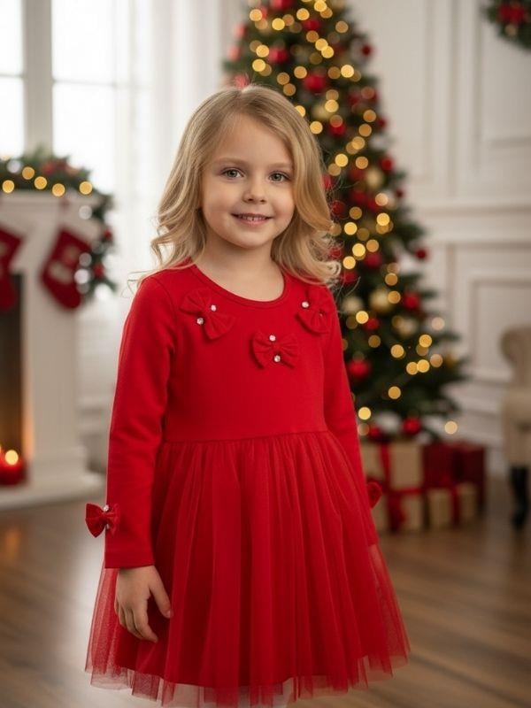 Kız Çocuk Pamuklu Taş  Detaylı Fiyonklu Tütülü Elbise