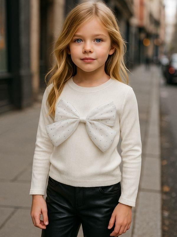 Kız Çocuk Pamuklu Taşlı  Fiyonklu Bluz