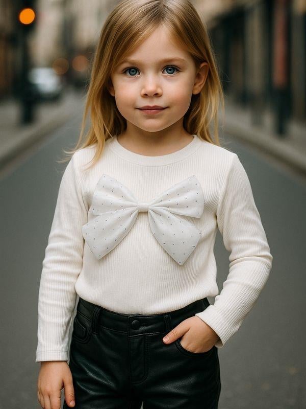 Kız Çocuk Pamuklu Taşlı  Fiyonklu Bluz