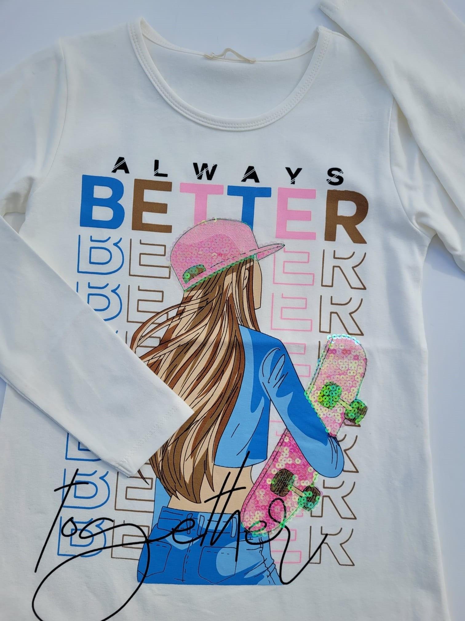 Kız Çocuk Pamuklu Uzun Kollu Pullu Better Yazılı Tshirt