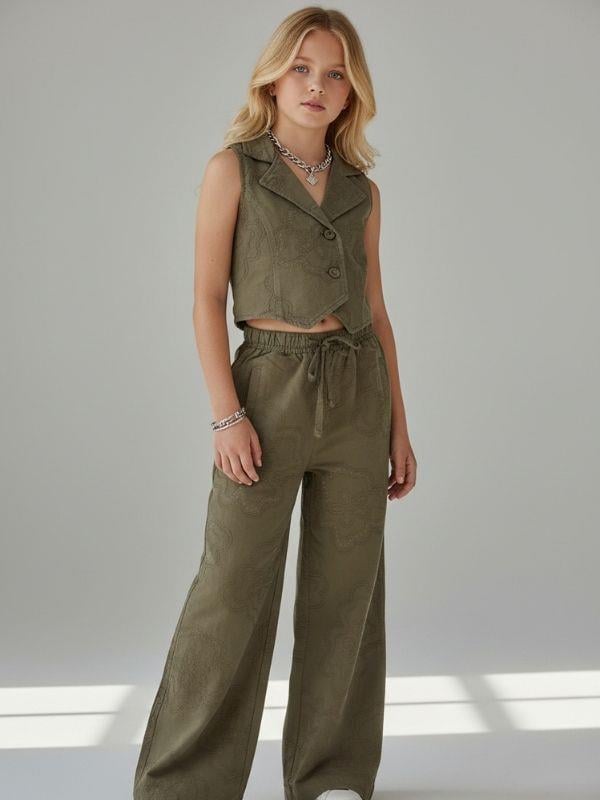 Kız Çocuk Pamuklu Yelek ve Geniş Paça Pantolon Takım