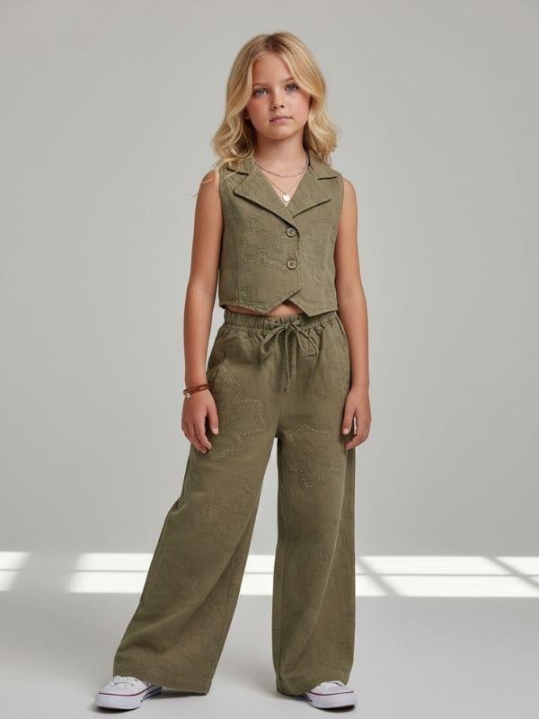 Kız Çocuk Pamuklu Yelek ve Geniş Paça Pantolon Takım