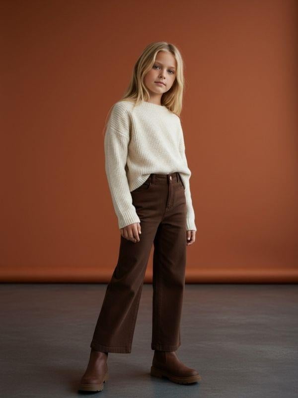 Kız Çocuk Pamuklu Yumuşak Dokulu Geniş Paçalı Kahverengi Kot Pantolon