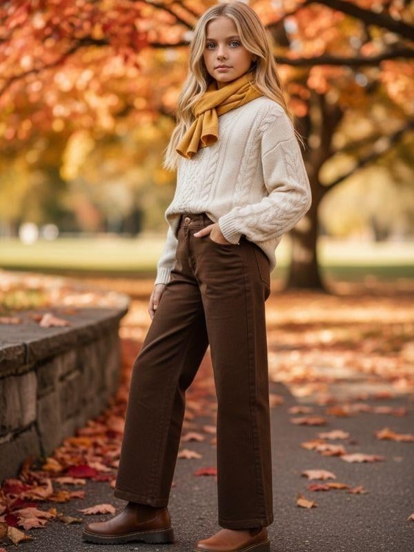 Kız Çocuk Pamuklu Yumuşak Dokulu Geniş Paçalı Kahverengi Kot Pantolon