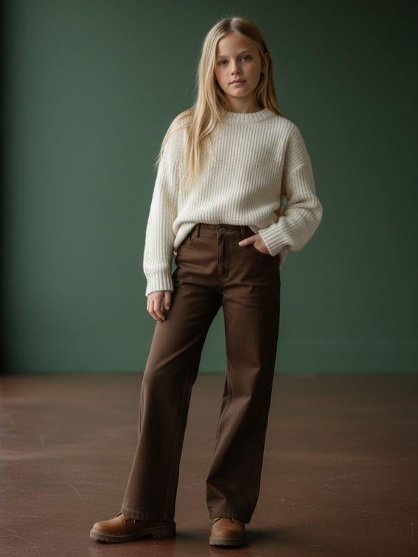 Kız Çocuk Pamuklu Yumuşak Dokulu Geniş Paçalı Kahverengi Kot Pantolon