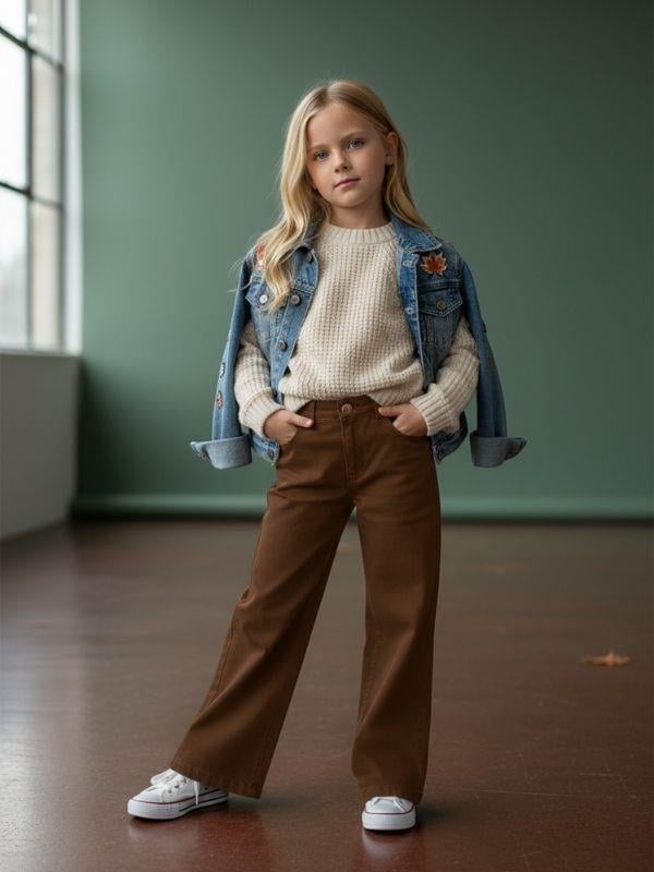 Kız Çocuk Pamuklu Yumuşak Dokulu Geniş Paçalı Kahverengi Kot Pantolon