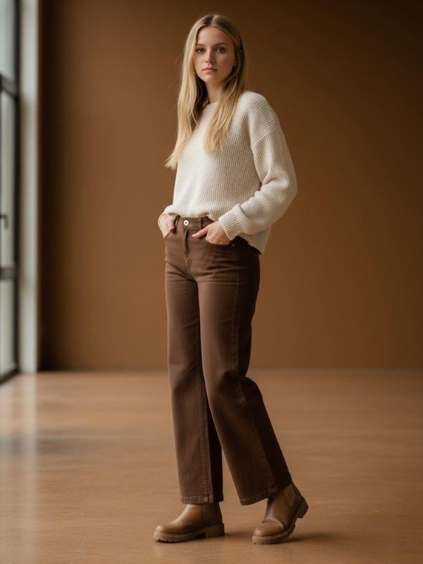 Kız Çocuk Pamuklu Yumuşak Dokulu Geniş Paçalı Kahverengi Kot Pantolon