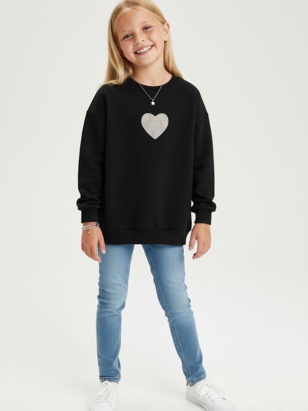 Kız Çocuk Pamuklu Yumuşak Dokulu Kalp İşlemeli Sweatshirt