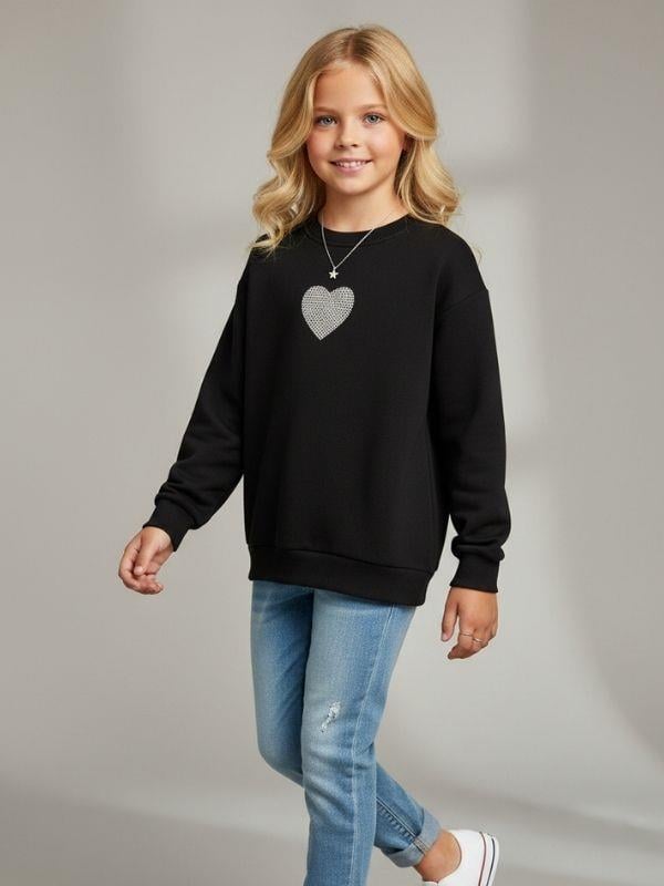 Kız Çocuk Pamuklu Yumuşak Dokulu Kalp İşlemeli Sweatshirt