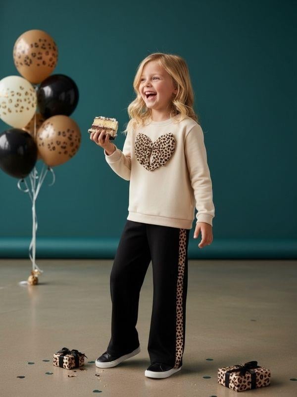 Kız Çocuk Pamuklu Yumuşak Dokulu Leopar Desenli  Eşofman Takım