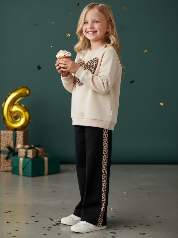 Kız Çocuk Pamuklu Yumuşak Dokulu Leopar Desenli  Eşofman Takım