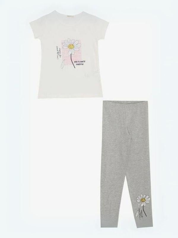Kız Çocuk Papatya Baskılı Pamuklu Taytlı Takım