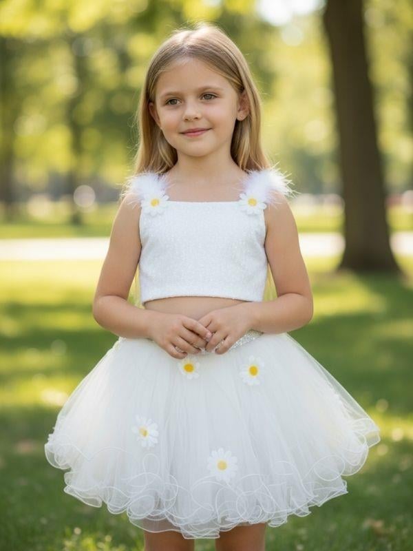 Kız Çocuk Papatyalı Pullu Croplu Tütü Etekli Takım