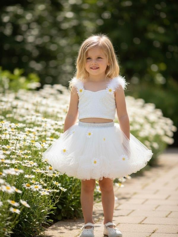 Kız Çocuk Papatyalı Pullu Croplu Tütü Etekli Takım