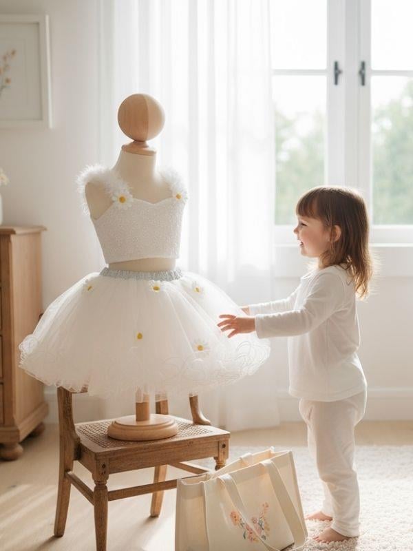 Kız Çocuk Papatyalı Pullu Croplu Tütü Etekli Takım