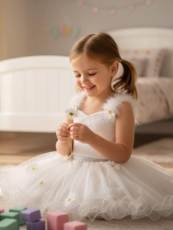 Kız Çocuk Papatyalı Pullu Croplu Tütü Etekli Takım