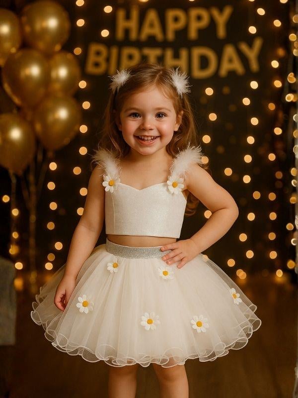 Kız Çocuk Papatyalı Pullu Croplu Tütü Etekli Takım