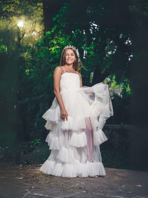 Kız Çocuk Parça Kat Detaylı Tüllü Tasarım Abiye