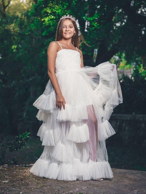 Kız Çocuk Parça Kat Detaylı Tüllü Tasarım Abiye