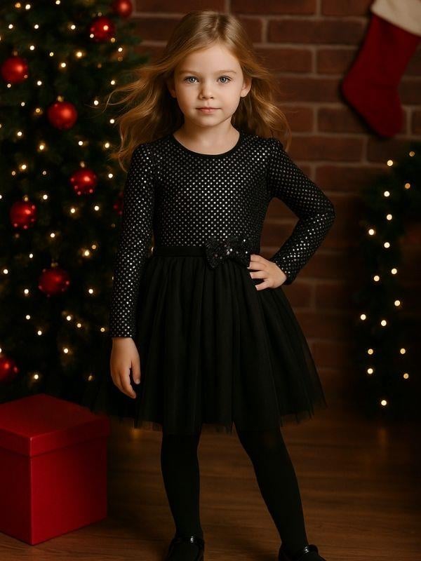 Kız Çocuk Parlak Fiyonklu Siyah Tütülü Elbise
