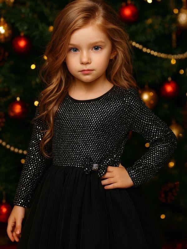 Kız Çocuk Parlak Fiyonklu Siyah Tütülü Elbise