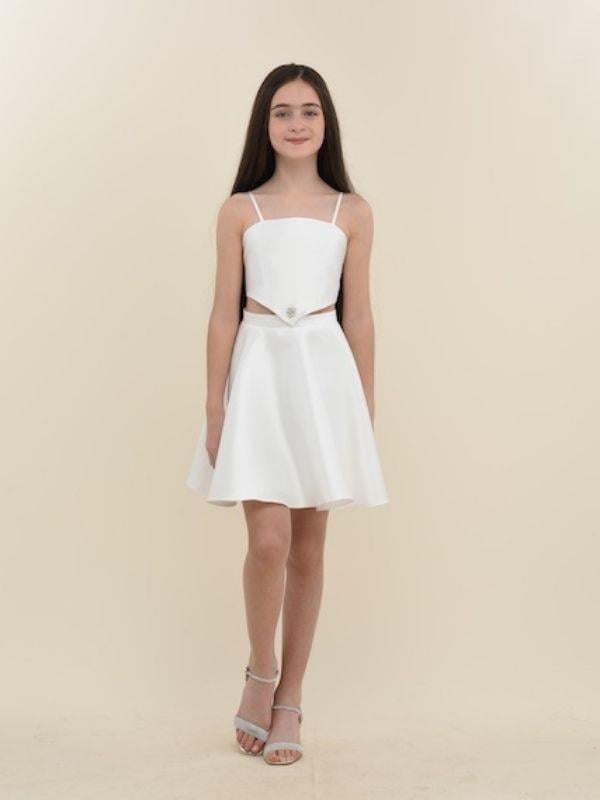 Kız Çocuk Parlak Kumaş Dekolte Detaylı Kısa Abiye Elbise