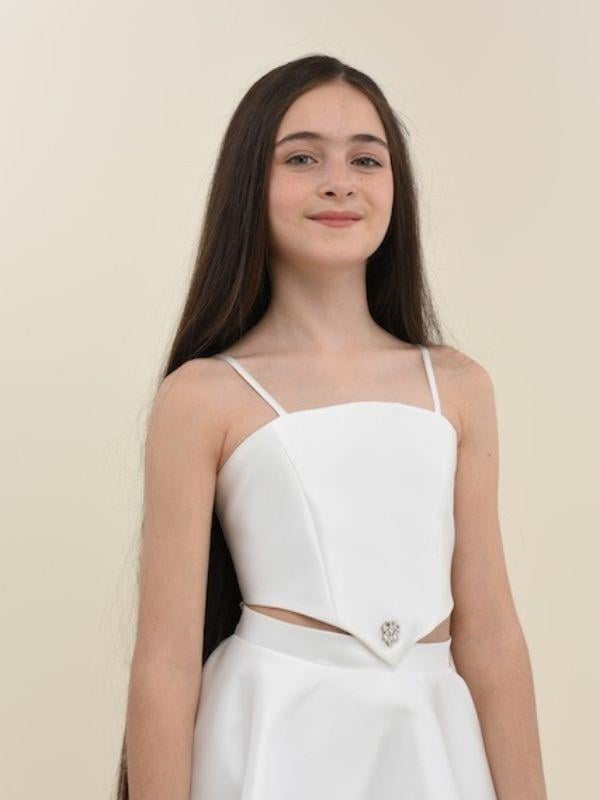 Kız Çocuk Parlak Kumaş Dekolte Detaylı Kısa Abiye Elbise