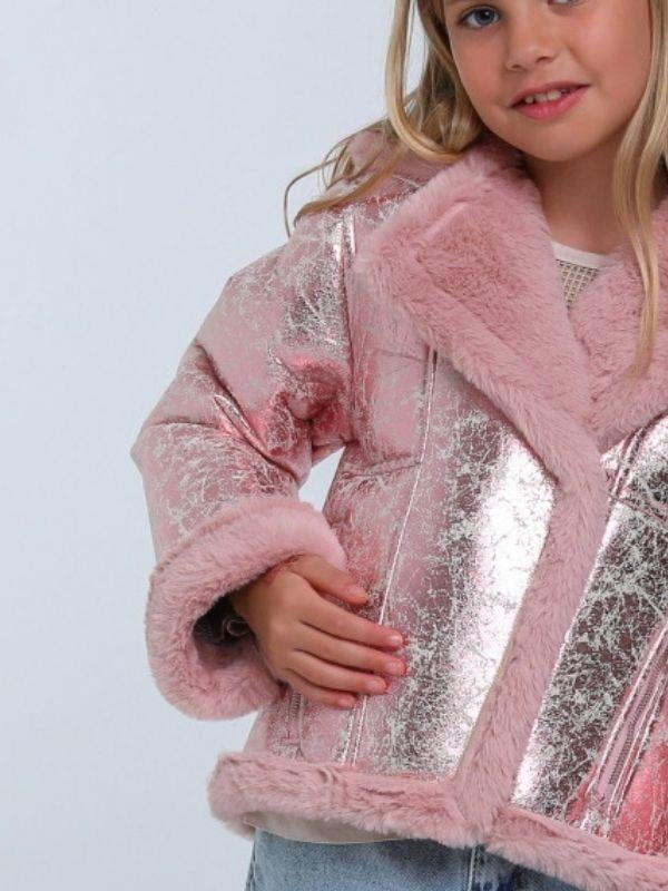Kız Çocuk Parlak Kumaş İçi Peluş Detaylı Tasarım Mont