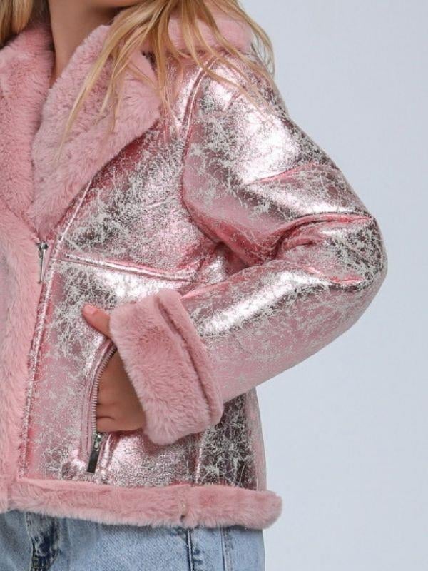 Kız Çocuk Parlak Kumaş İçi Peluş Detaylı Tasarım Mont