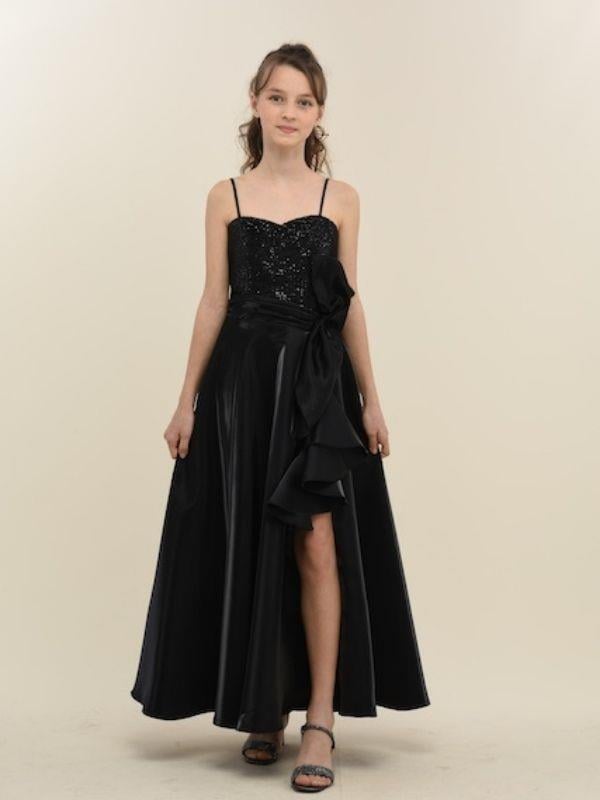 Kız Çocuk Parlak Kumaş Yırtmaç Detaylı Tasarım Abiye Elbise