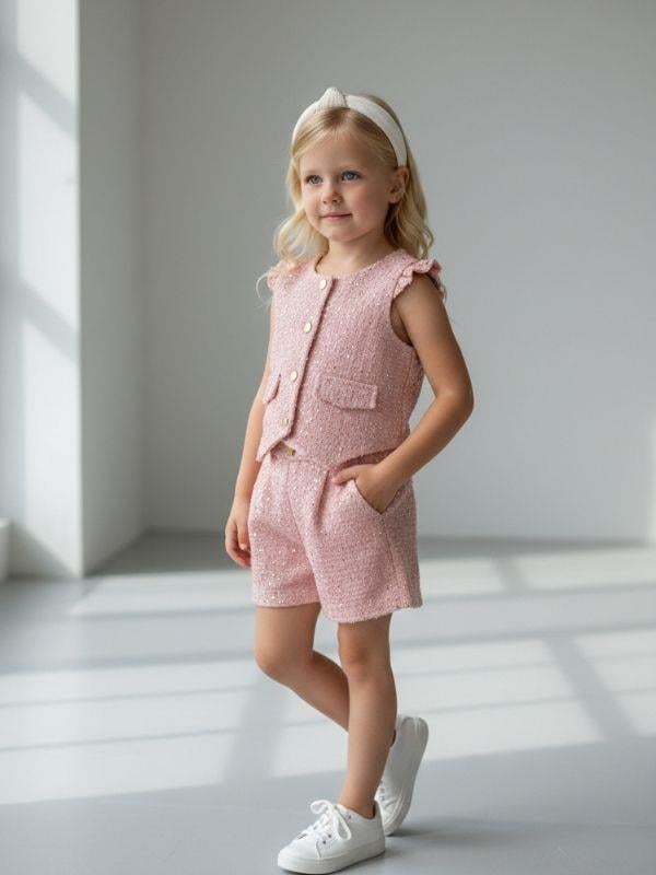 Kız Çocuk Payet Dokulu Yelek ve Şort Takım