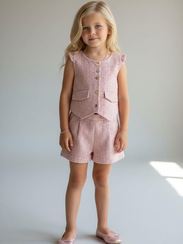 Kız Çocuk Payet Dokulu Yelek ve Şort Takım