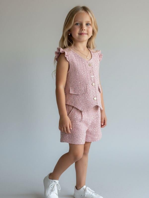 Kız Çocuk Payet Dokulu Yelek ve Şort Takım