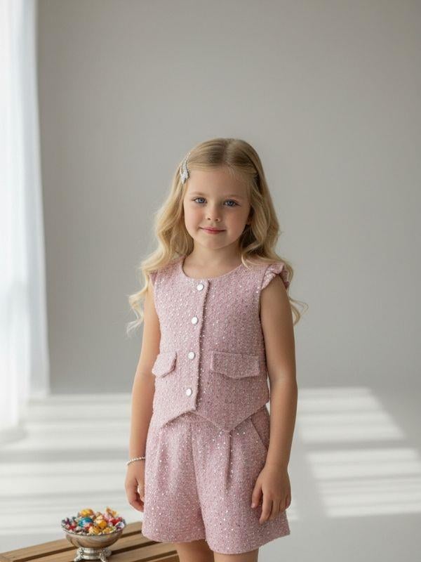 Kız Çocuk Payet Dokulu Yelek ve Şort Takım