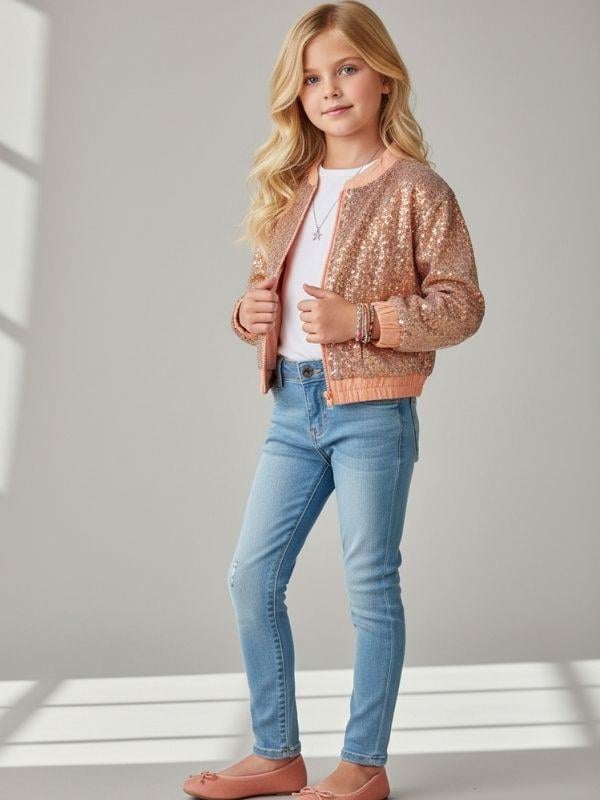 Kız Çocuk Payetli Fermuarlı Tasarım Ceket
