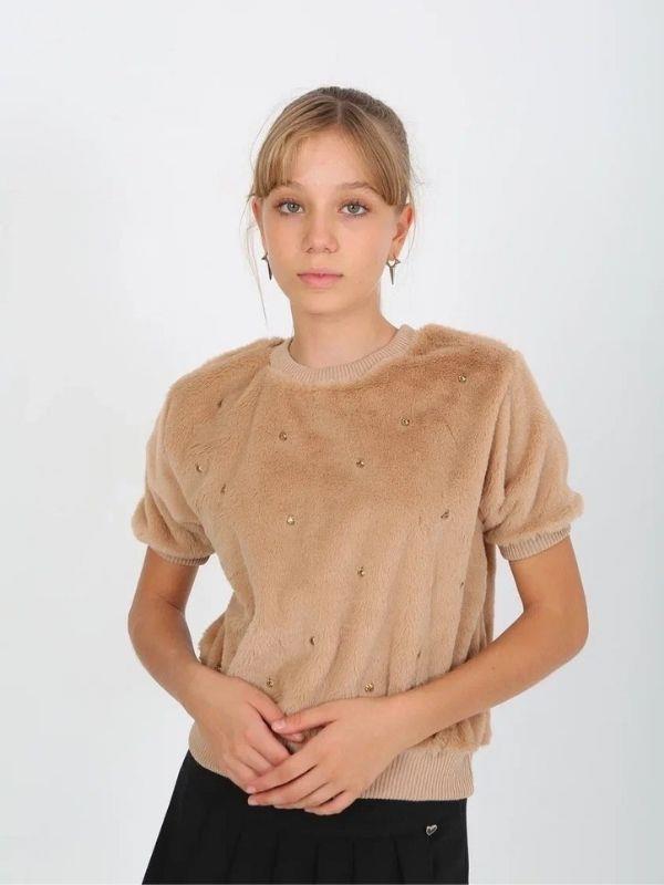 Kız Çocuk Peluş Taş Detaylı Kısa Kollu Kazak