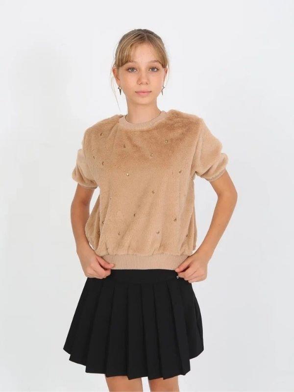 Kız Çocuk Peluş Taş Detaylı Kısa Kollu Kazak