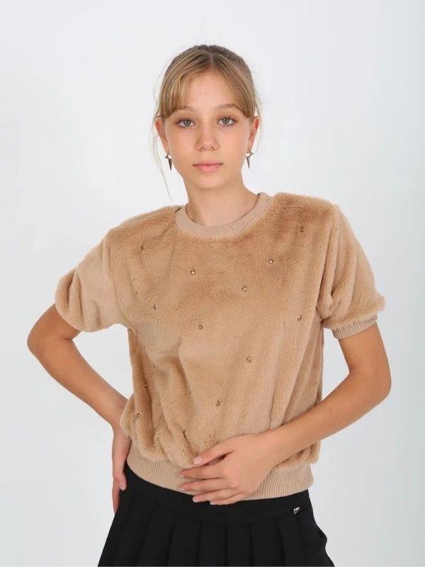 Kız Çocuk Peluş Taş Detaylı Kısa Kollu Kazak