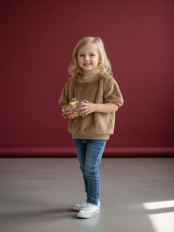 Kız Çocuk Peluş Taşlı Baby Yazılı Kısa Kollu Kazak