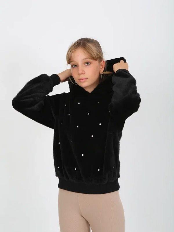 Kız Çocuk Peluş Taşlı Kapüşonlu Sweatshirt