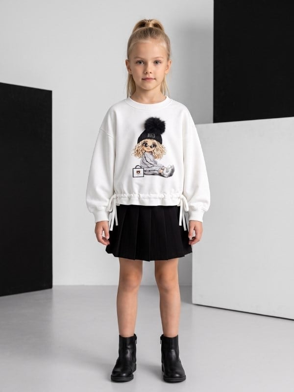 Kız Çocuk Ponponlu Kız Baskılı Büzgü Detaylı Ekru Sweatshirt