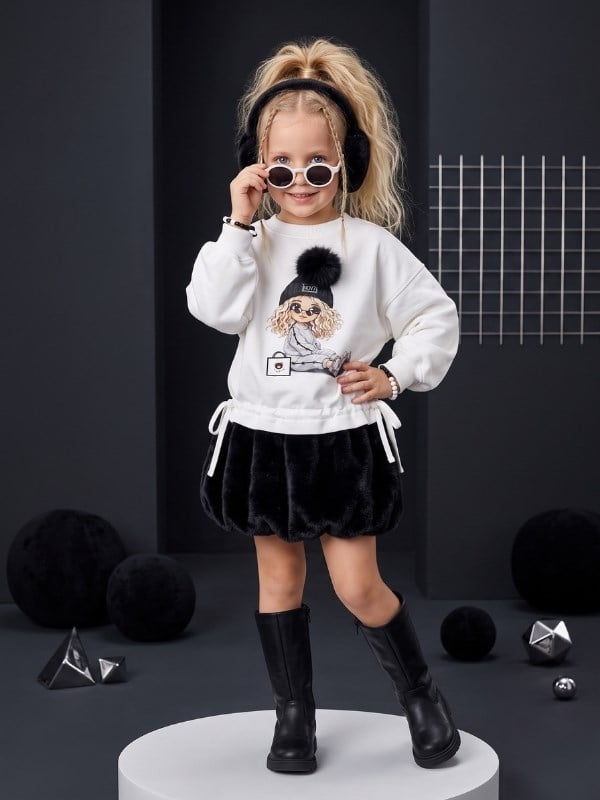 Kız Çocuk Ponponlu Kız Baskılı Büzgü Detaylı Ekru Sweatshirt