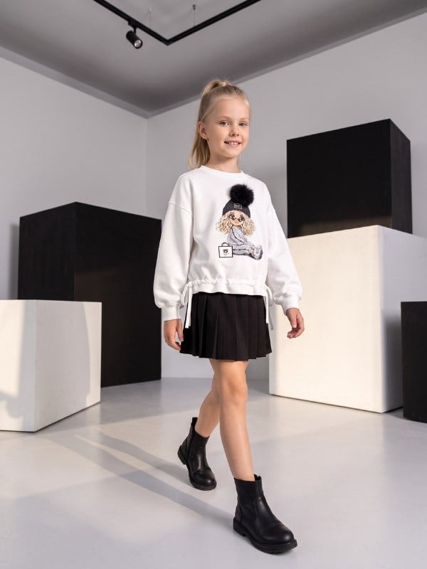 Kız Çocuk Ponponlu Kız Baskılı Büzgü Detaylı Ekru Sweatshirt