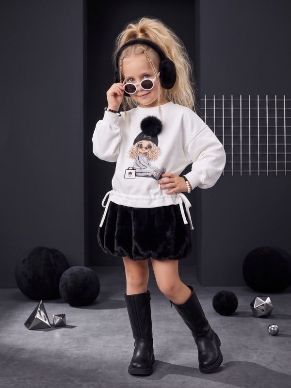 Kız Çocuk Ponponlu Kız Baskılı Büzgü Detaylı Ekru Sweatshirt