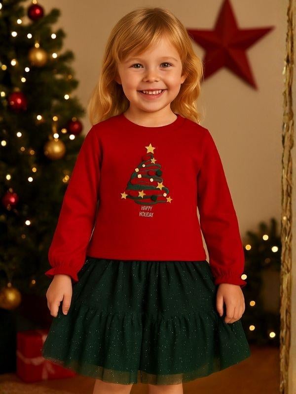 Kız Çocuk Ponponlu Simli Yılbaşı Temalı Elbise