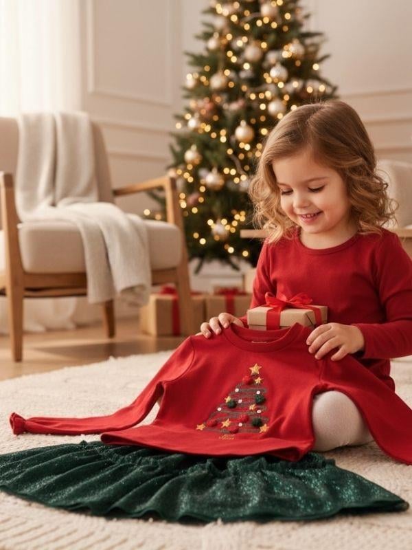 Kız Çocuk Ponponlu Simli Yılbaşı Temalı Elbise