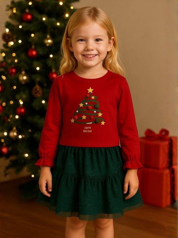 Kız Çocuk Ponponlu Simli Yılbaşı Temalı Elbise